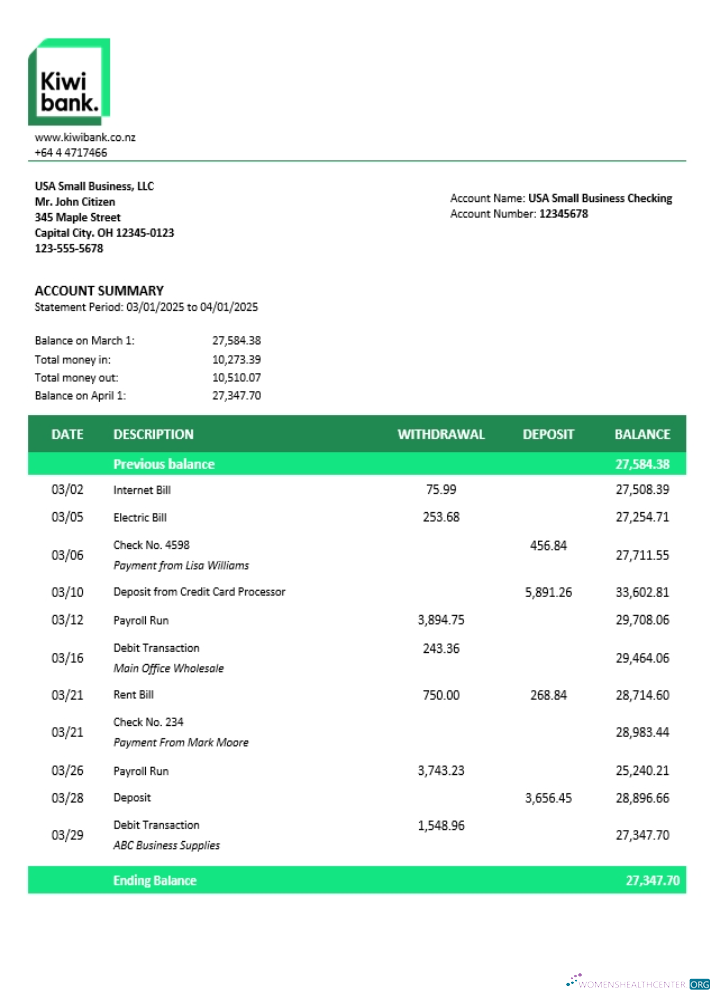 Download Kiwibank business firm statement Word and PDF format (1) Photoshop template